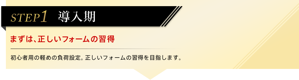 STEP1 導入期 まずは、正しいフォームの習得 初心者用の軽めの負荷設定。正しいフォームの習得を目指します。