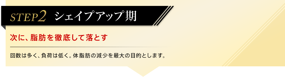 STEP2 シェイプアップ期 次に、脂肪を徹底して落とす 回数は多く負荷は低く。体脂肪の減少を最大の目的とします。