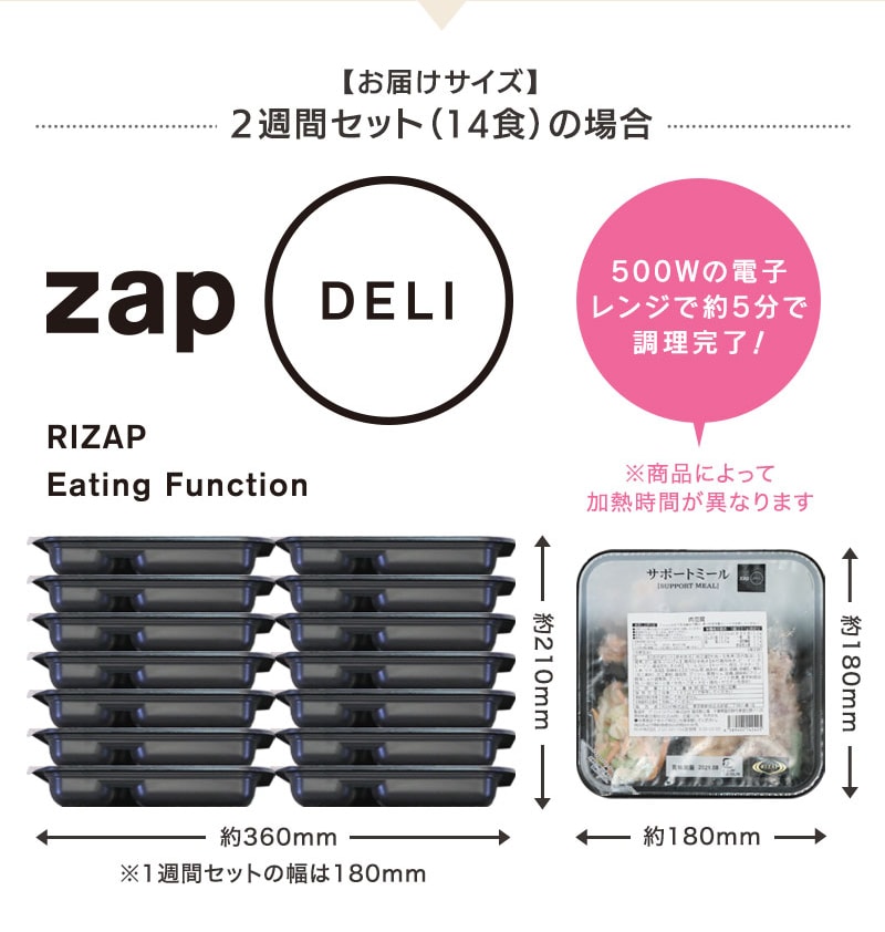 【お届けサイズ】２週間セット（14食）の場合 zap DELI RIZAP Eating Function 500Wの電子レンジで約5分で調理完了！ ※商品によって加熱時間が異なります